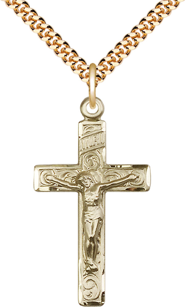 14kt Gold Filled Crucifix Pendant on a 24 inch Gold Plate Heavy Curb chain