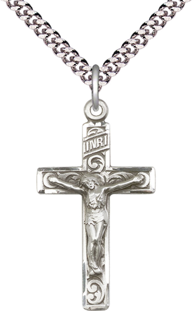 Sterling Silver Crucifix Pendant on a 24 inch Light Rhodium Heavy Curb chain