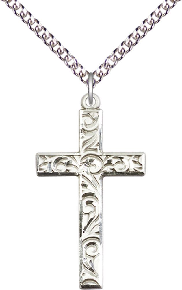 Sterling Silver Cross Pendant on a 24 inch Sterling Silver Heavy Curb chain
