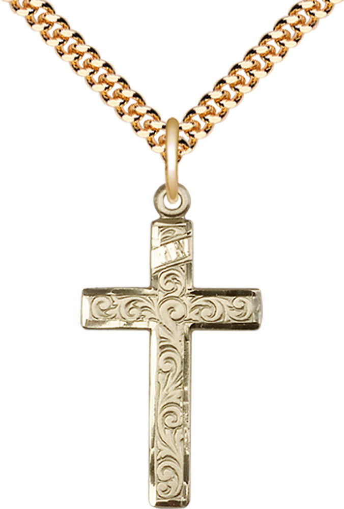 14kt Gold Filled Cross Pendant on a 24 inch Gold Plate Heavy Curb chain