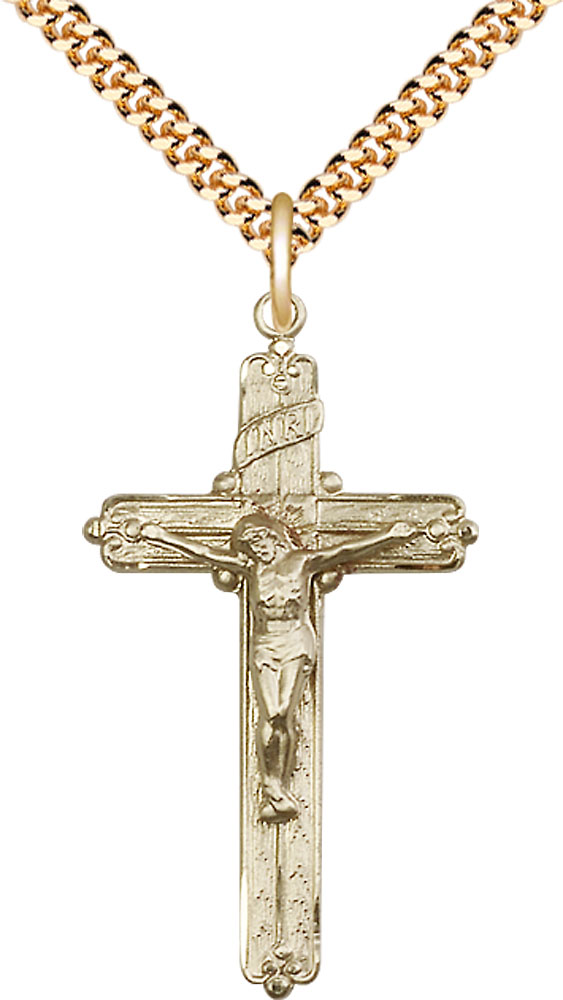14kt Gold Filled Crucifix Pendant on a 24 inch Gold Plate Heavy Curb chain