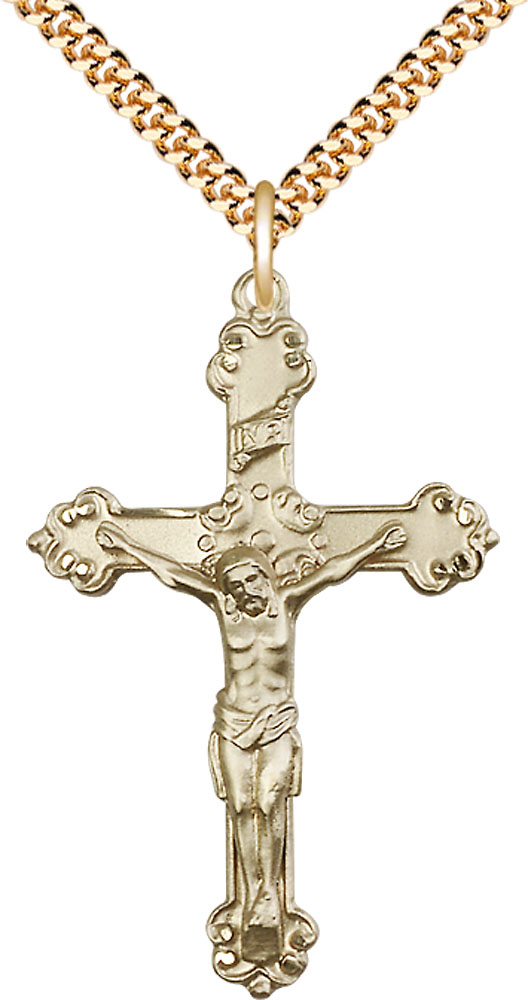 14kt Gold Filled Crucifix Pendant on a 24 inch Gold Plate Heavy Curb chain