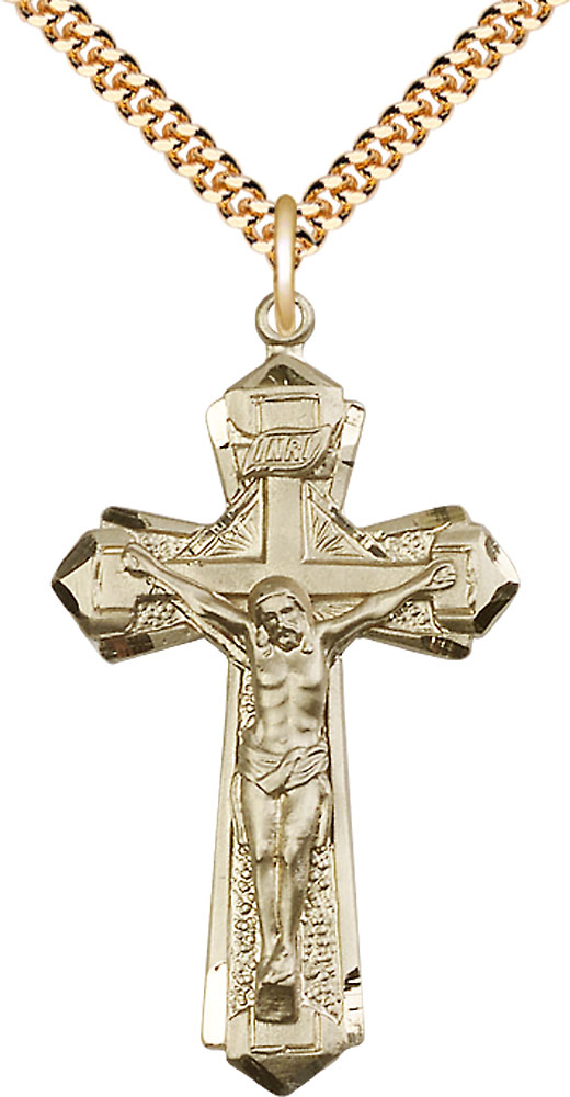 14kt Gold Filled Crucifix Pendant on a 24 inch Gold Plate Heavy Curb chain