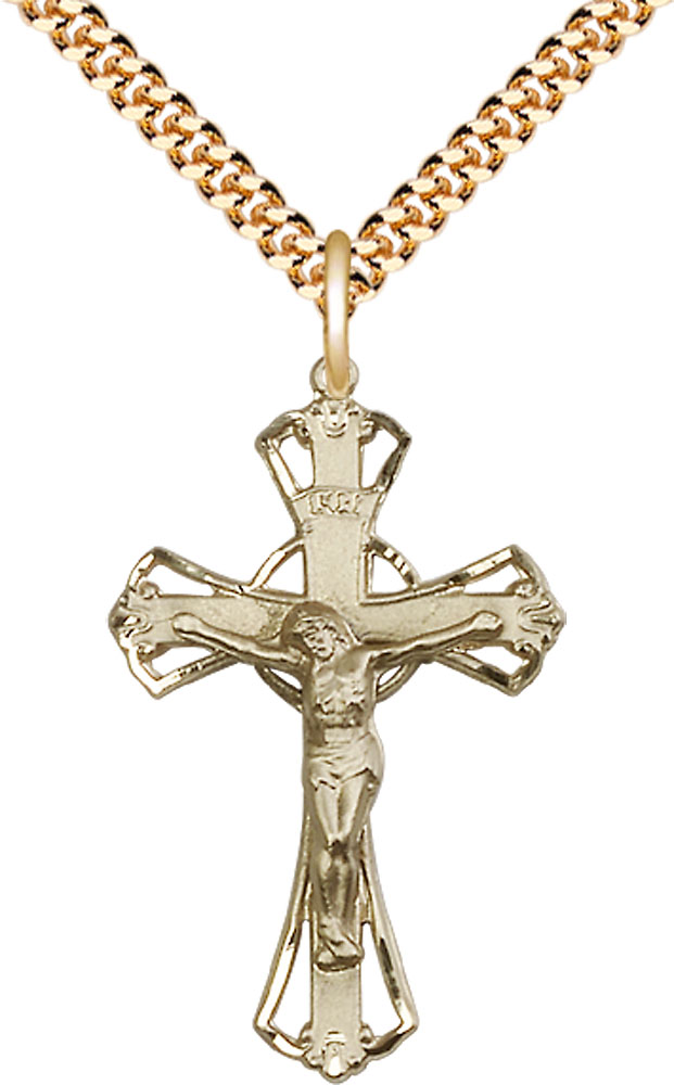 14kt Gold Filled Crucifix Pendant on a 24 inch Gold Plate Heavy Curb chain