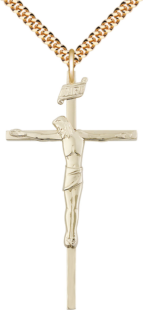 14kt Gold Filled Crucifix Pendant on a 24 inch Gold Plate Heavy Curb chain