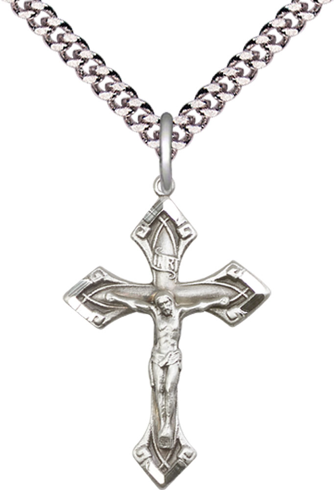 Sterling Silver Crucifix Pendant on a 24 inch Light Rhodium Heavy Curb chain