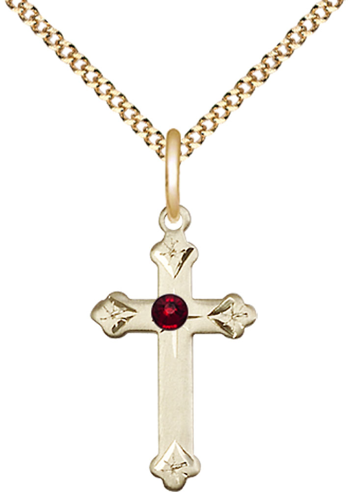 14kt Gold Filled Cross Pendant with a 3mm Garnet Swarovski stone on a 18 inch Gold Plate Light Curb chain