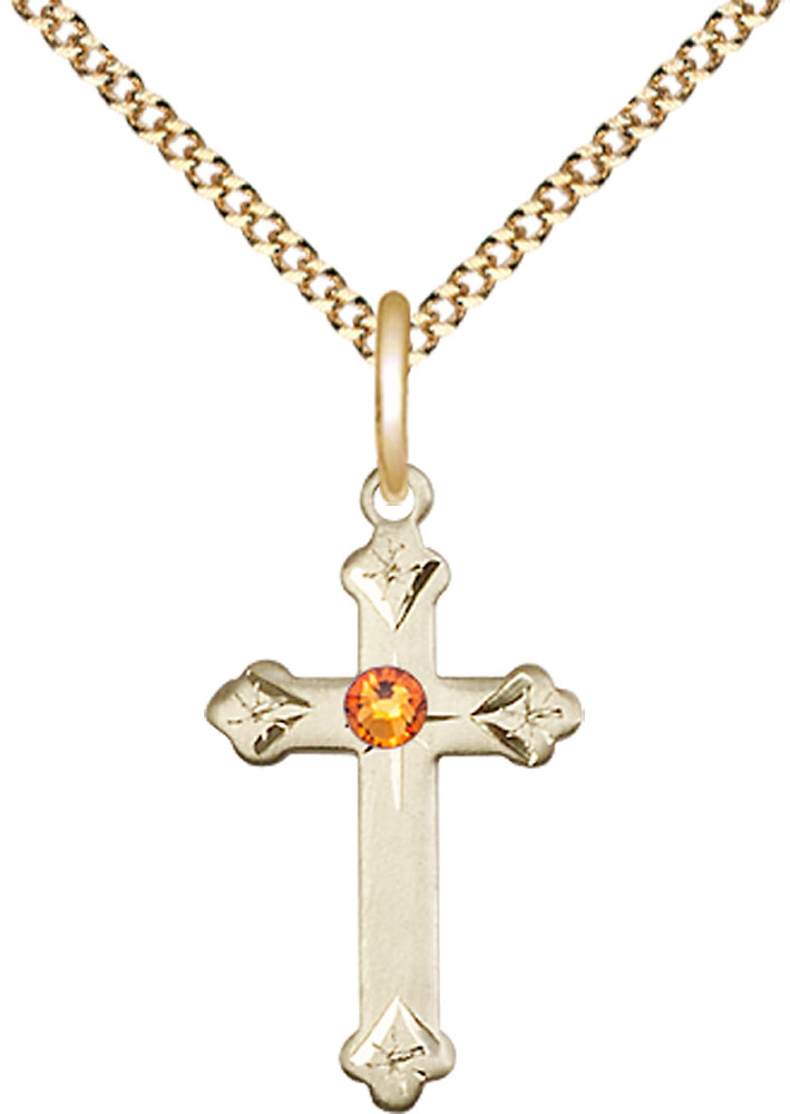 14kt Gold Filled Cross Pendant with a 3mm Topaz Swarovski stone on a 18 inch Gold Plate Light Curb chain