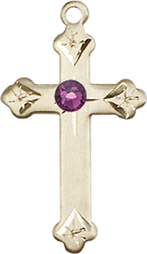 14kt Gold Filled Cross Medal with a 3mm Amethyst Swarovski stone