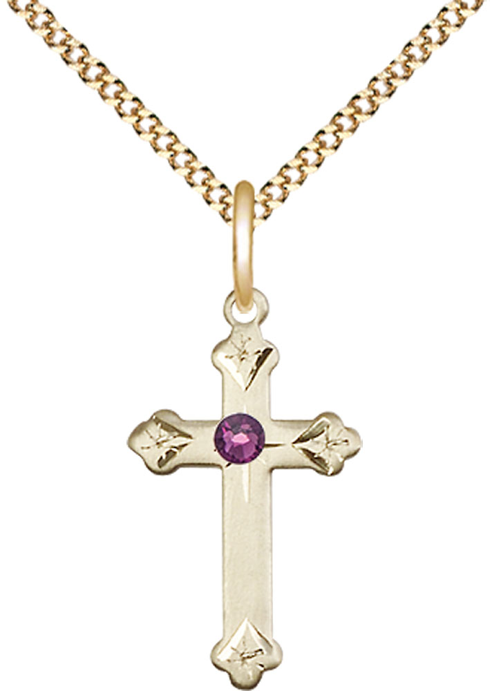 14kt Gold Filled Cross Pendant with a 3mm Amethyst Swarovski stone on a 18 inch Gold Plate Light Curb chain