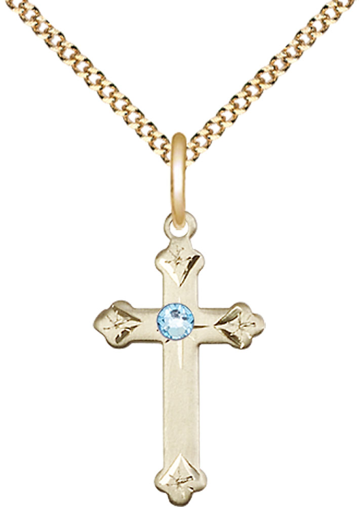 14kt Gold Filled Cross Pendant with a 3mm Aqua Swarovski stone on a 18 inch Gold Plate Light Curb chain