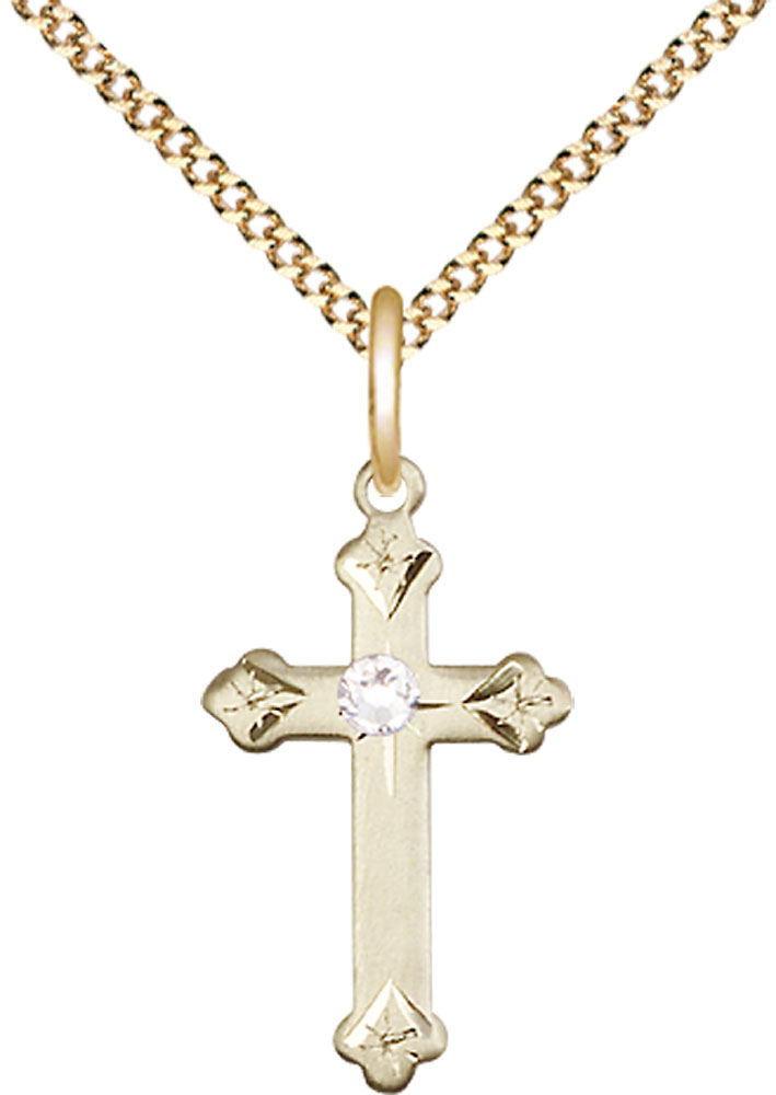 14kt Gold Filled Cross Pendant with a 3mm Crystal Swarovski stone on a 18 inch Gold Plate Light Curb chain