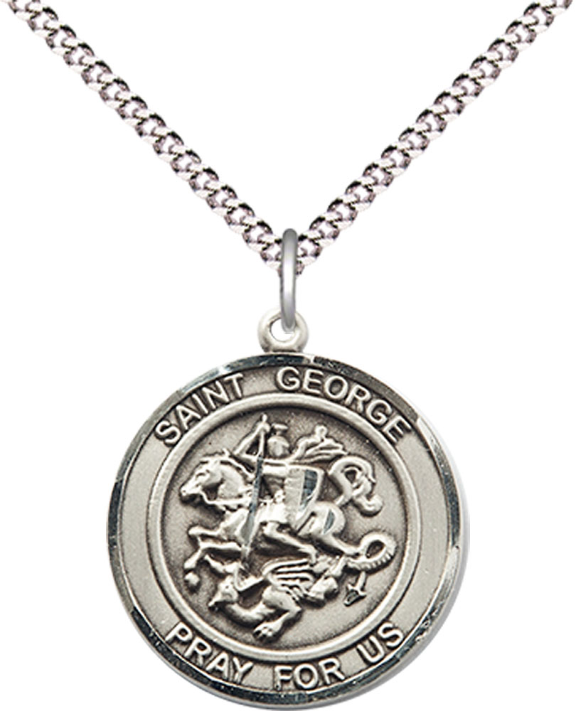 Sterling Silver Saint George Pendant on a 18 inch Light Rhodium Light Curb chain