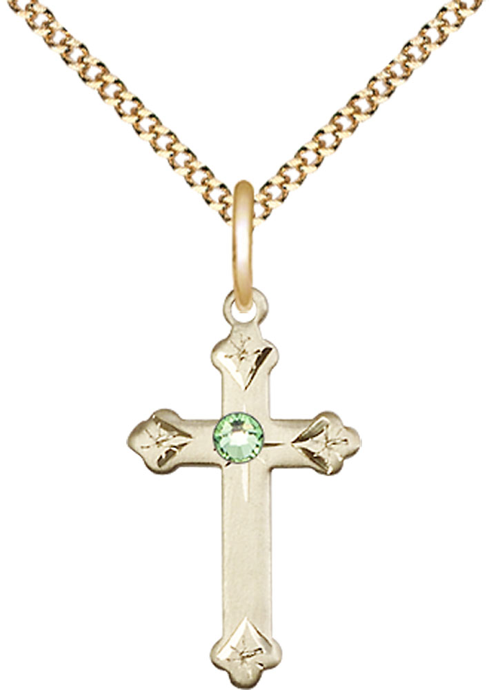 14kt Gold Filled Cross Pendant with a 3mm Peridot Swarovski stone on a 18 inch Gold Plate Light Curb chain