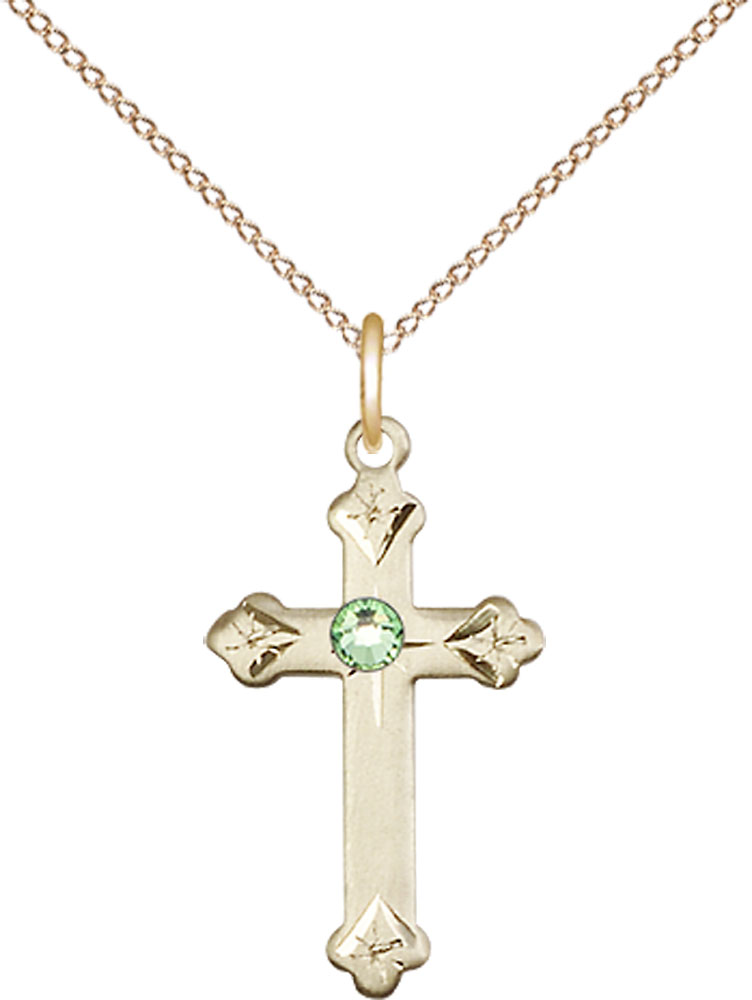 14kt Gold Filled Cross Pendant with a 3mm Peridot Swarovski stone on a 18 inch Gold Filled Light Curb chain