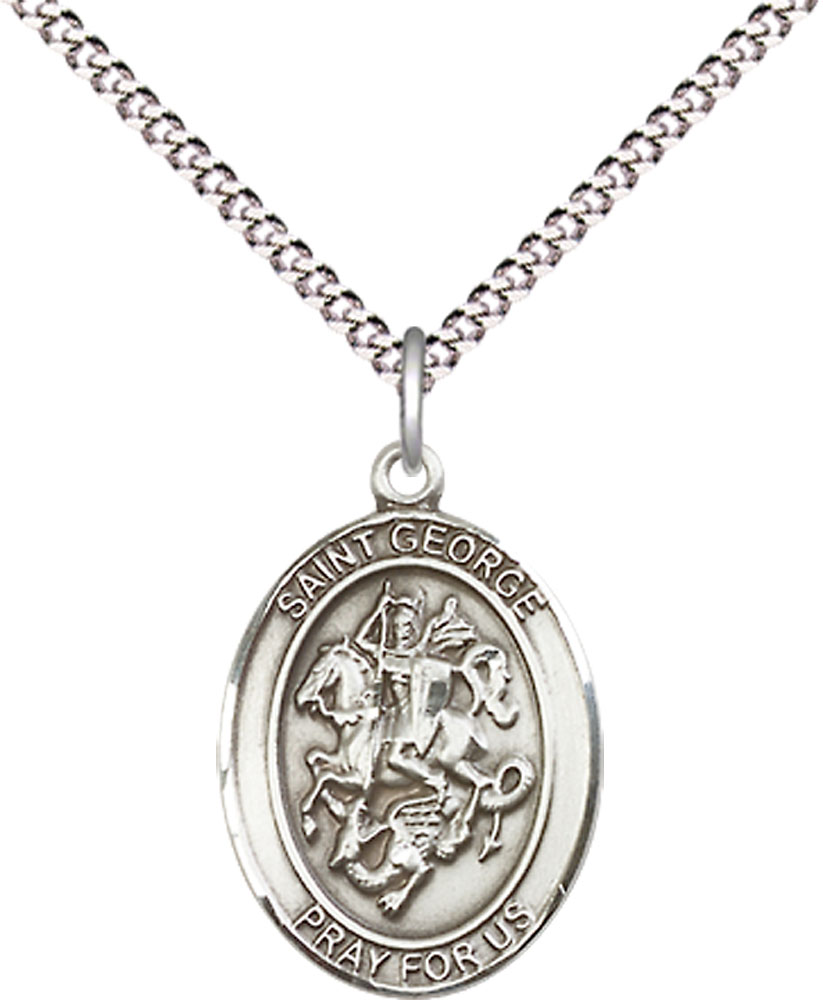 Sterling Silver Saint George Pendant on a 18 inch Light Rhodium Light Curb chain