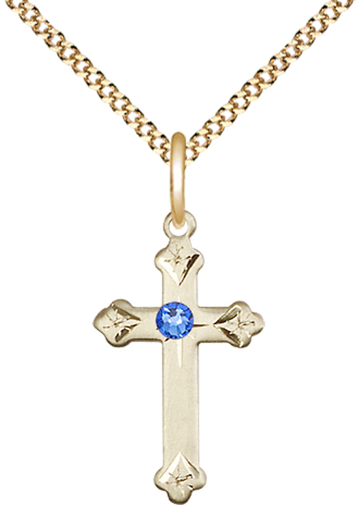 14kt Gold Filled Cross Pendant with a 3mm Sapphire Swarovski stone on a 18 inch Gold Plate Light Curb chain