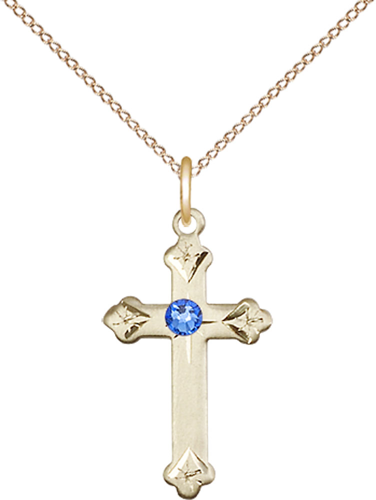 14kt Gold Filled Cross Pendant with a 3mm Sapphire Swarovski stone on a 18 inch Gold Filled Light Curb chain
