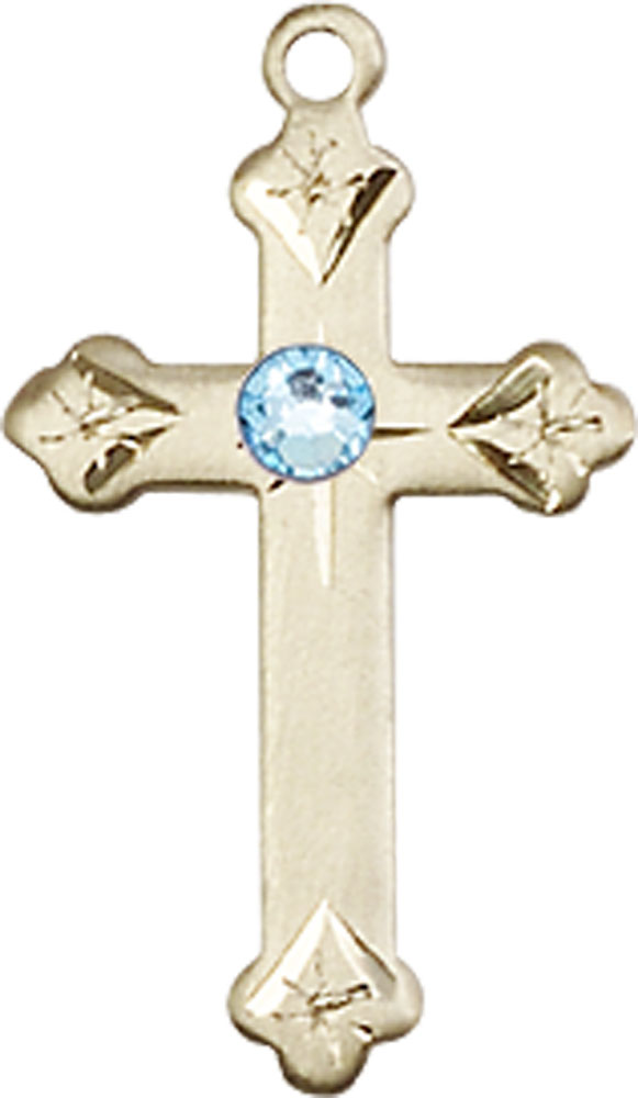 14kt Gold Cross Medal with a 3mm Aqua Swarovski stone