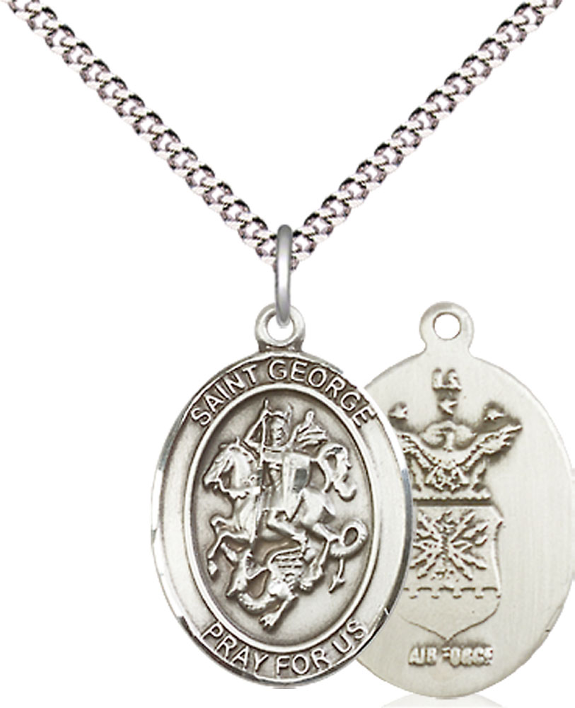 Sterling Silver Saint George Air Force Pendant on a 18 inch Light Rhodium Light Curb chain