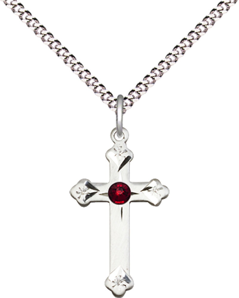 Sterling Silver Cross Pendant with a 3mm Garnet Swarovski stone on a 18 inch Light Rhodium Light Curb chain