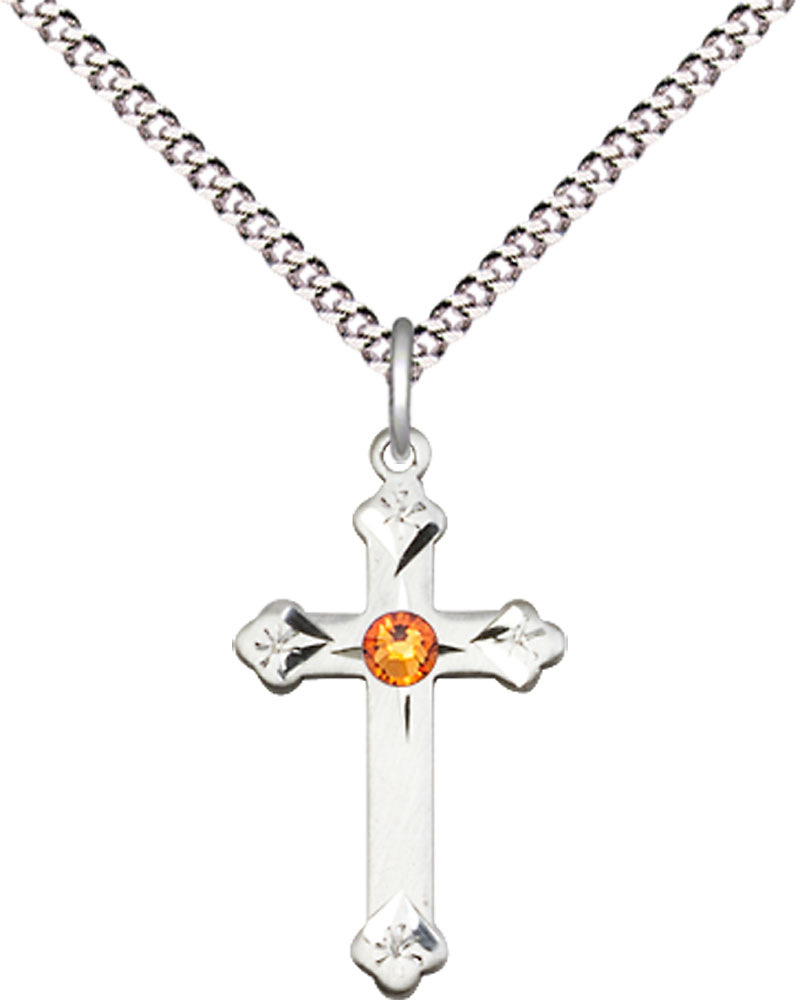 Sterling Silver Cross Pendant with a 3mm Topaz Swarovski stone on a 18 inch Light Rhodium Light Curb chain