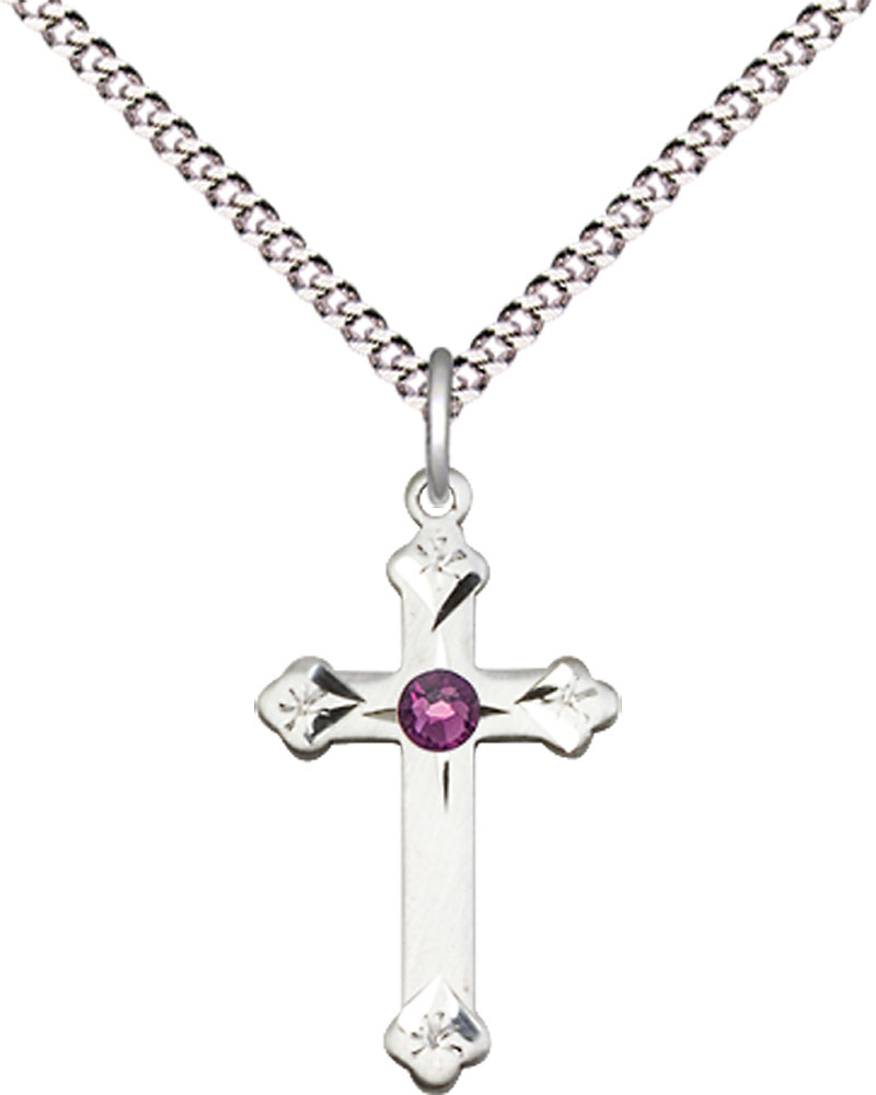 Sterling Silver Cross Pendant with a 3mm Amethyst Swarovski stone on a 18 inch Light Rhodium Light Curb chain