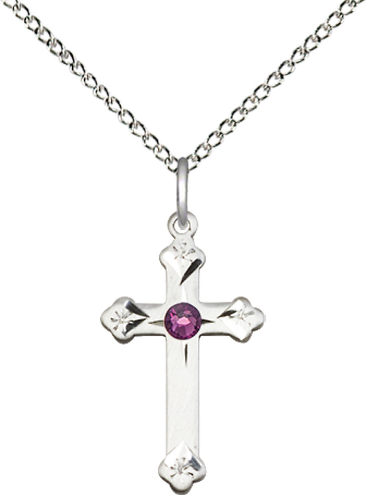 Sterling Silver Cross Pendant with a 3mm Amethyst Swarovski stone on a 18 inch Sterling Silver Light Curb chain
