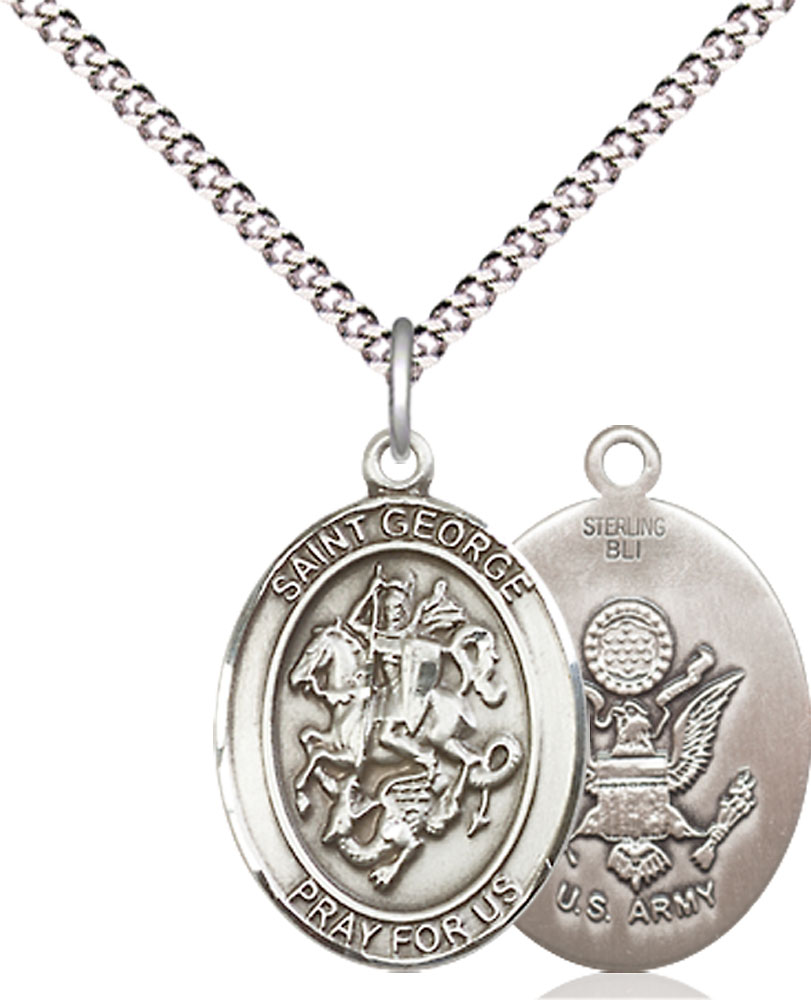 Sterling Silver Saint George Army Pendant on a 18 inch Light Rhodium Light Curb chain