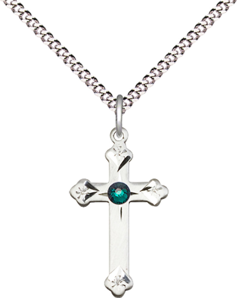 Sterling Silver Cross Pendant with a 3mm Emerald Swarovski stone on a 18 inch Light Rhodium Light Curb chain