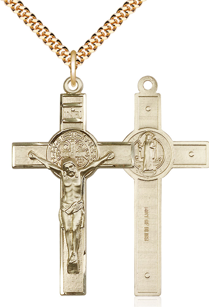 14kt Gold Filled Saint Benedict Crucifix Pendant on a 24 inch Gold Plate Heavy Curb chain
