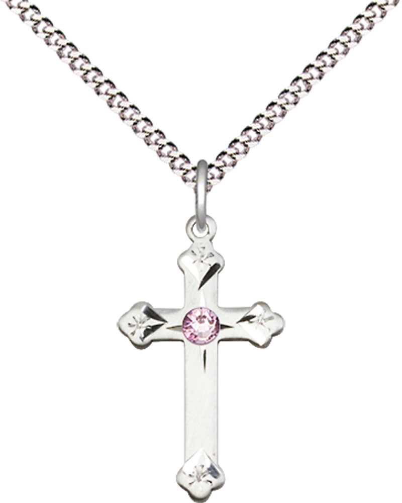 Sterling Silver Cross Pendant with a 3mm Light Amethyst Swarovski stone on a 18 inch Light Rhodium Light Curb chain
