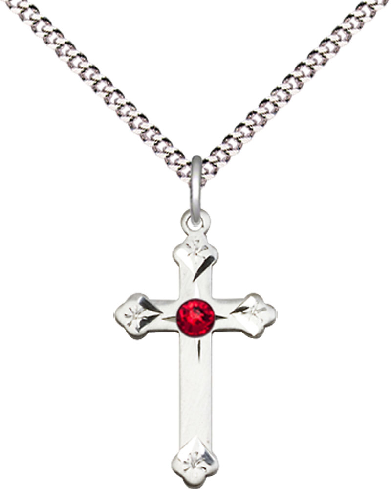 Sterling Silver Cross Pendant with a 3mm Ruby Swarovski stone on a 18 inch Light Rhodium Light Curb chain