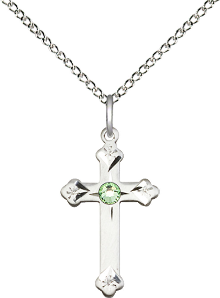 Sterling Silver Cross Pendant with a 3mm Peridot Swarovski stone on a 18 inch Sterling Silver Light Curb chain