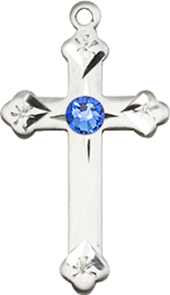Sterling Silver Cross Medal with a 3mm Sapphire Swarovski stone
