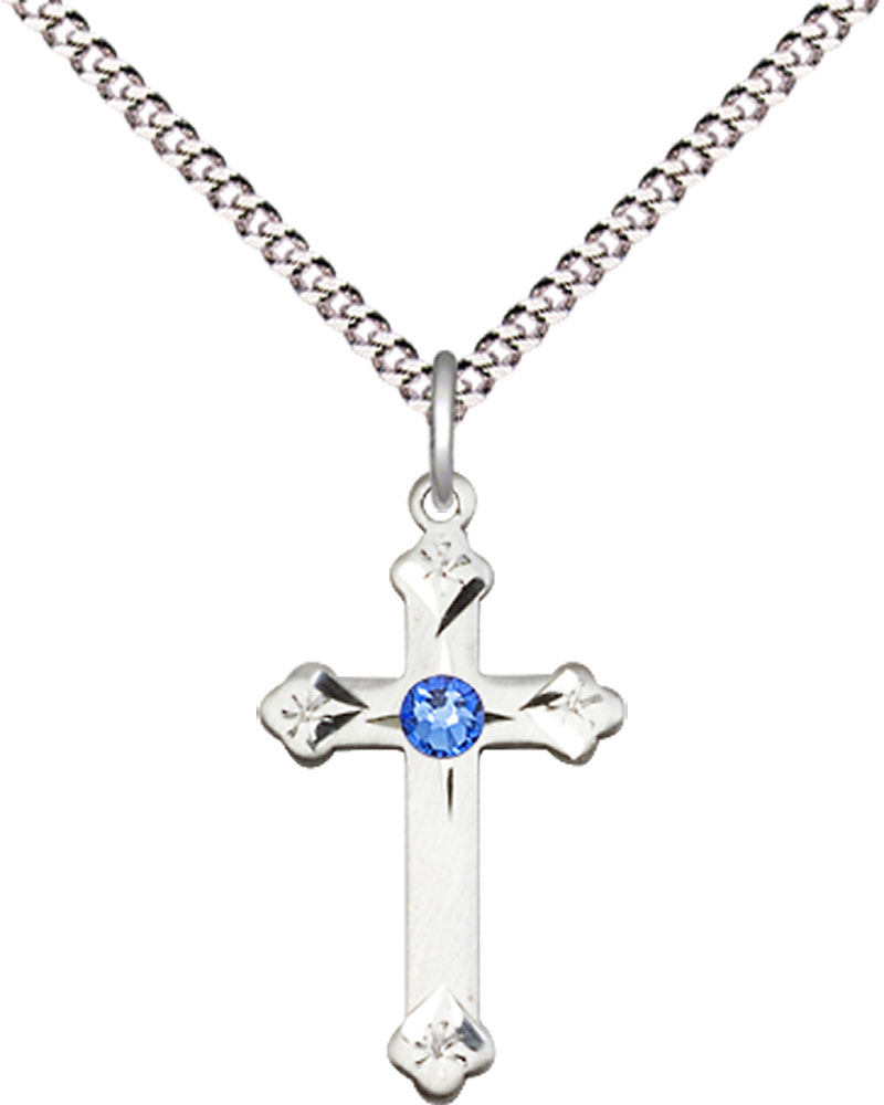 Sterling Silver Cross Pendant with a 3mm Sapphire Swarovski stone on a 18 inch Light Rhodium Light Curb chain