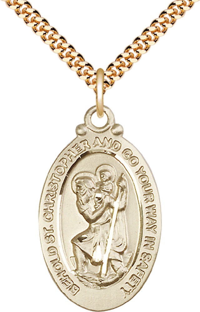 14kt Gold Filled Saint Christopher Pendant on a 24 inch Gold Plate Heavy Curb chain