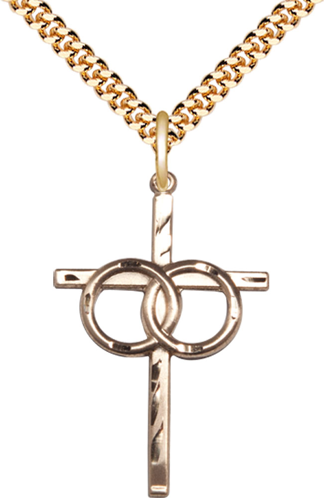 14kt Gold Filled Wedding Rings Cross Pendant on a 24 inch Gold Plate Heavy Curb chain