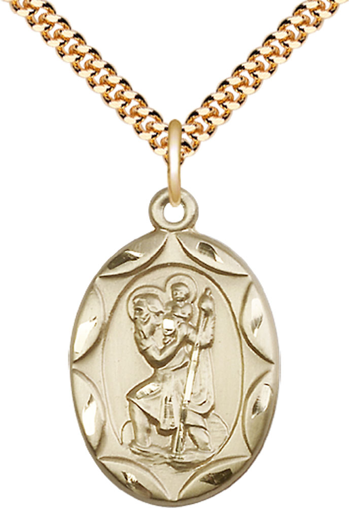 14kt Gold Filled Saint Christopher Pendant on a 24 inch Gold Plate Heavy Curb chain