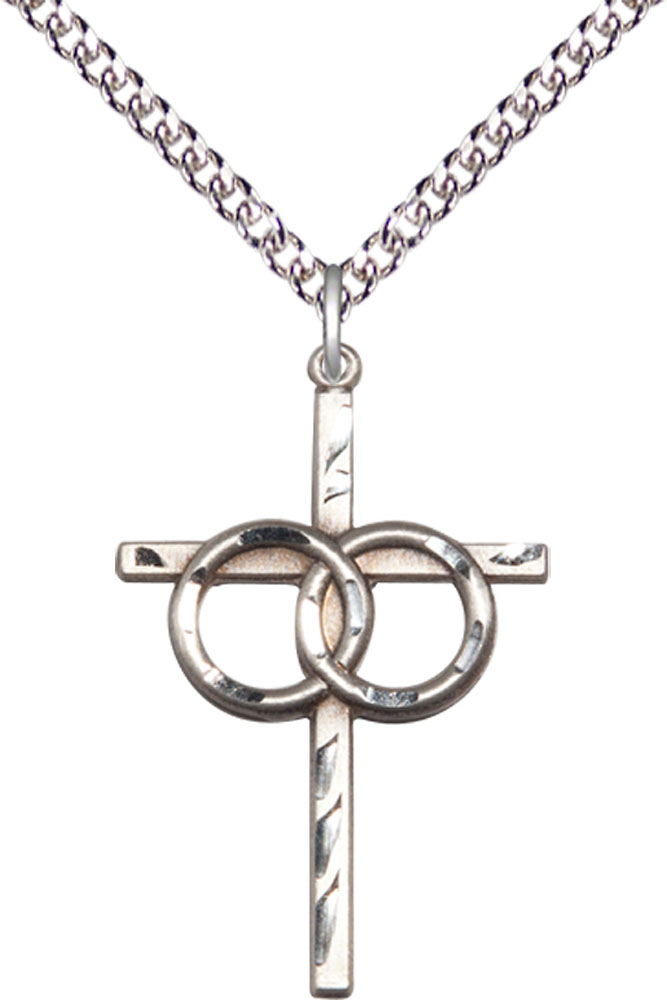 Sterling Silver Wedding Rings Cross Pendant on a 24 inch Sterling Silver Heavy Curb chain
