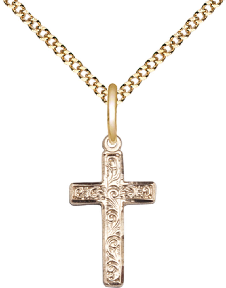 14kt Gold Filled Cross Pendant on a 18 inch Gold Plate Light Curb chain