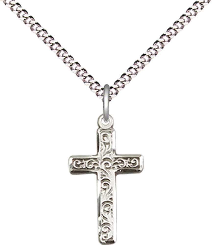 Sterling Silver Cross Pendant on a 18 inch Light Rhodium Light Curb chain