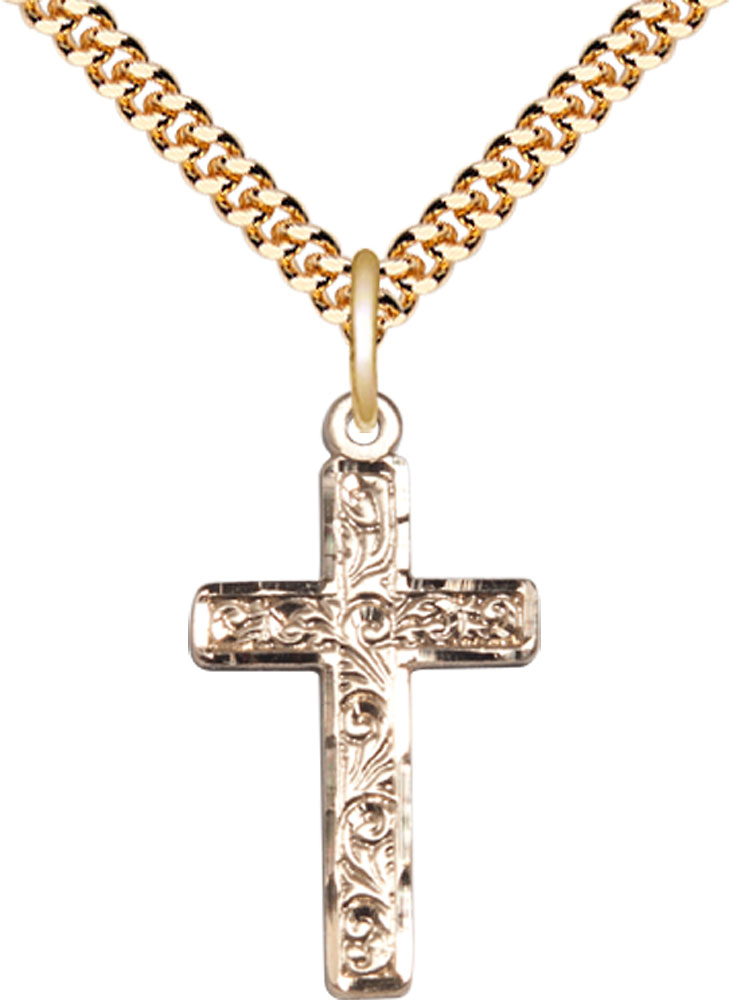 14kt Gold Filled Cross Pendant on a 24 inch Gold Plate Heavy Curb chain