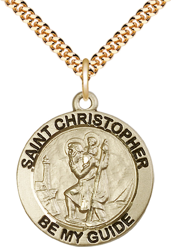 14kt Gold Filled Saint Christopher Pendant on a 24 inch Gold Plate Heavy Curb chain