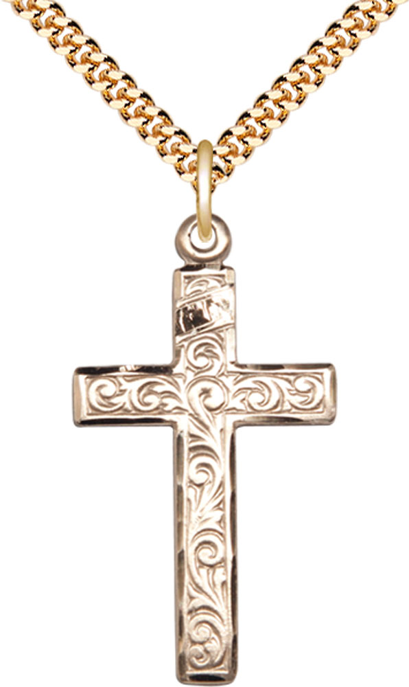 14kt Gold Filled Cross Pendant on a 24 inch Gold Plate Heavy Curb chain