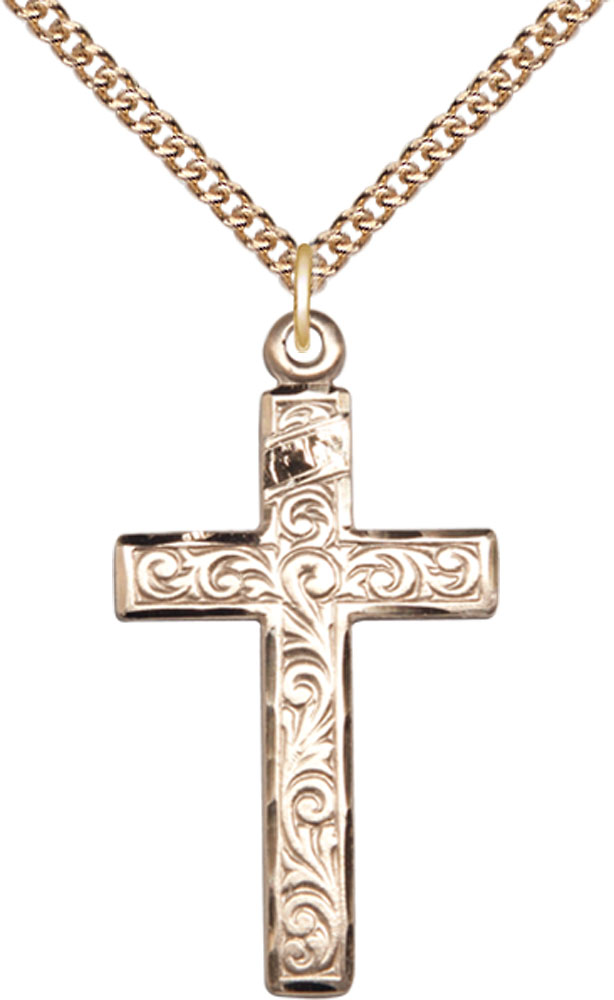 14kt Gold Filled Cross Pendant on a 24 inch Gold Filled Heavy Curb chain