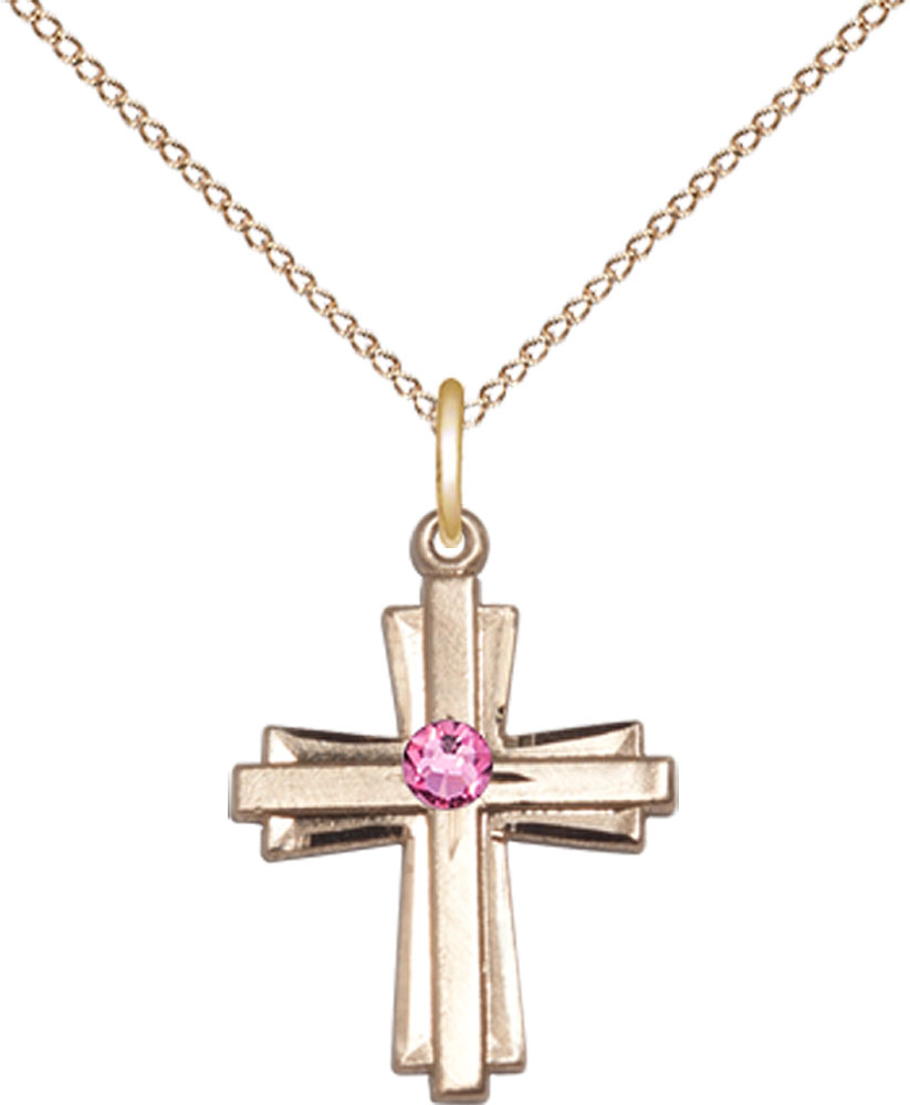 14kt Gold Filled Cross Pendant with a 3mm Rose Swarovski stone on a 18 inch Gold Filled Light Curb chain