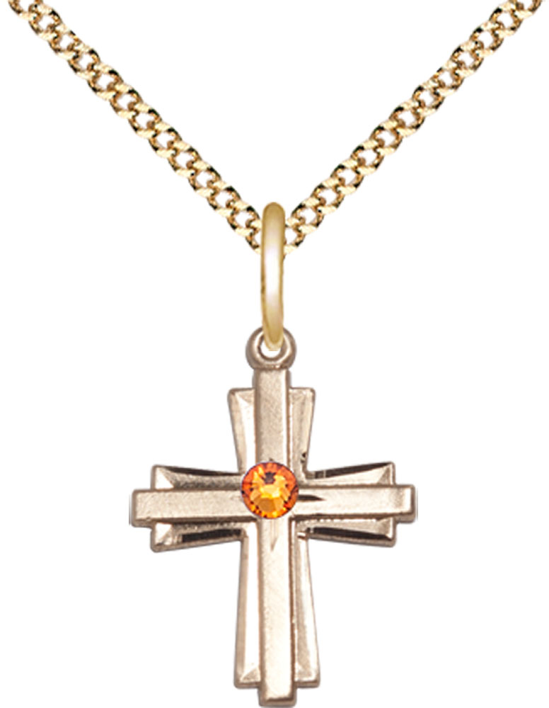 14kt Gold Filled Cross Pendant with a 3mm Topaz Swarovski stone on a 18 inch Gold Plate Light Curb chain