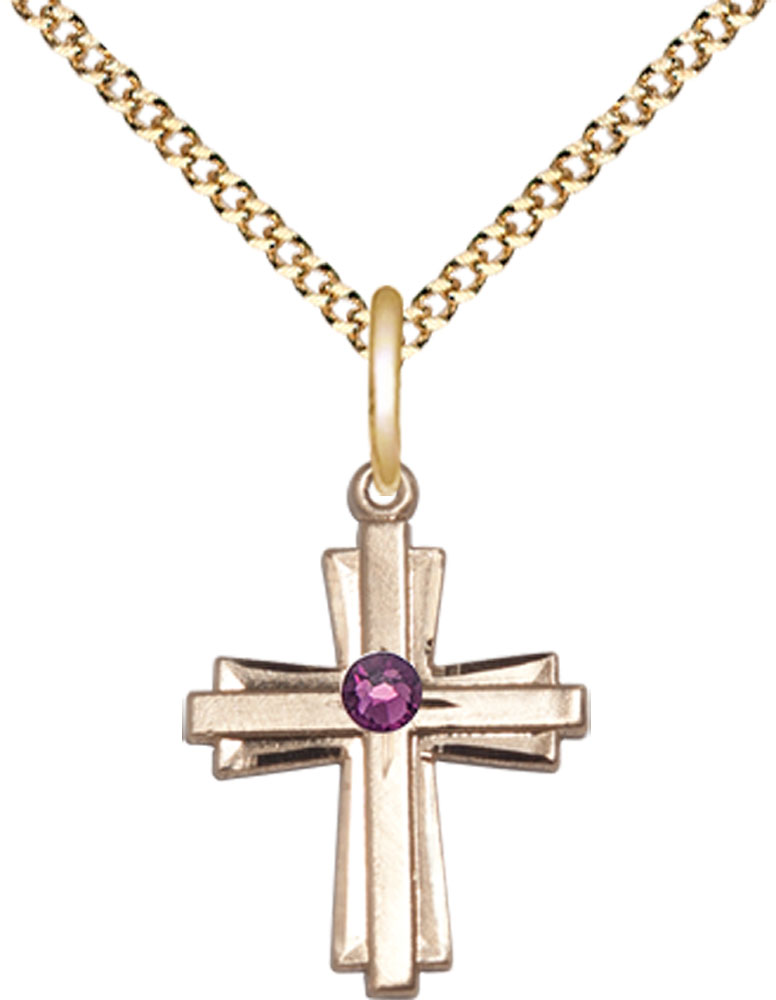 14kt Gold Filled Cross Pendant with a 3mm Amethyst Swarovski stone on a 18 inch Gold Plate Light Curb chain