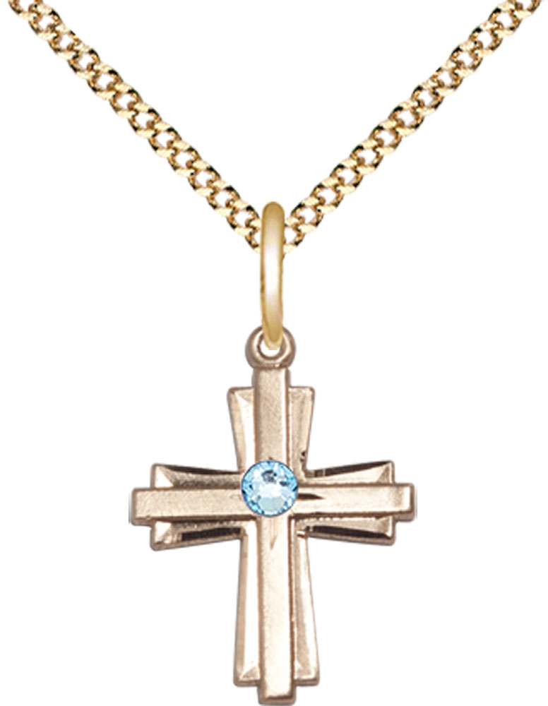 14kt Gold Filled Cross Pendant with a 3mm Aqua Swarovski stone on a 18 inch Gold Plate Light Curb chain